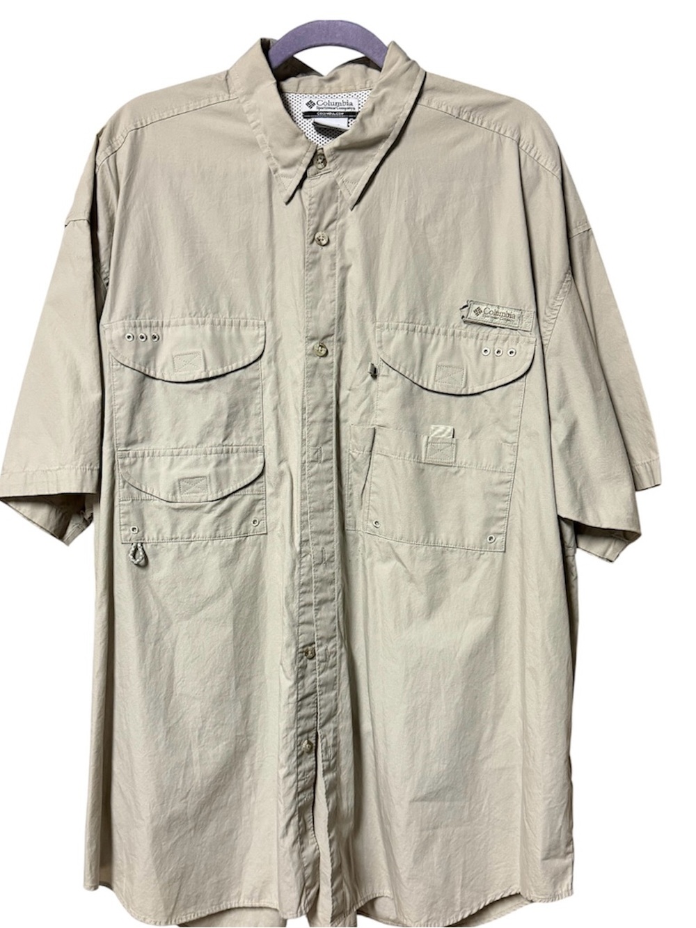 Columbia PFG Fishing Shirt Mens XXL Beige Vented Short Sleeve Button Down
